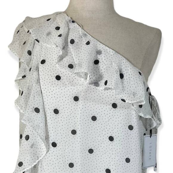 Polka dot ruffled one shoulder blouse by 1. State, NWT small black white chiffon - Picture 7 of 12